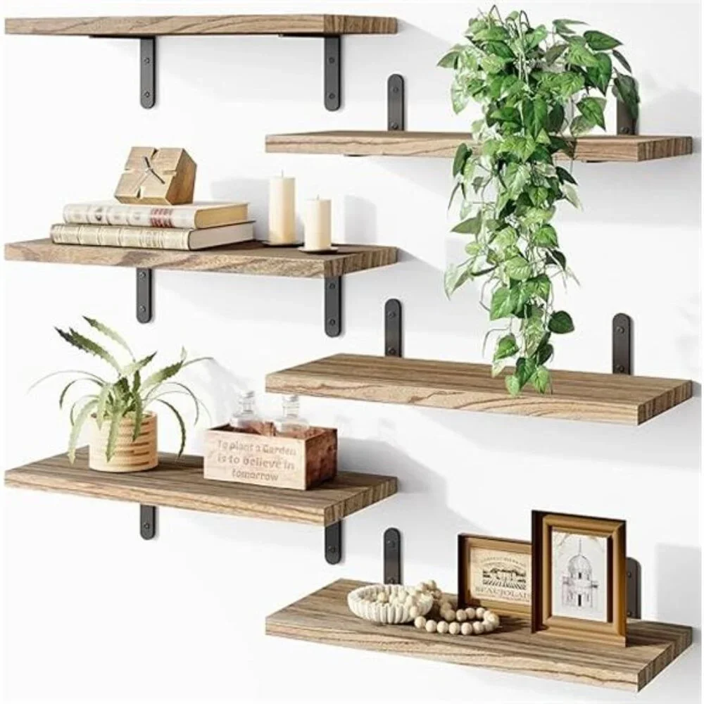 Wood Floating Shelves - Set of 6, Rustic Brown - Wall Mounted, Farmhouse Shelf